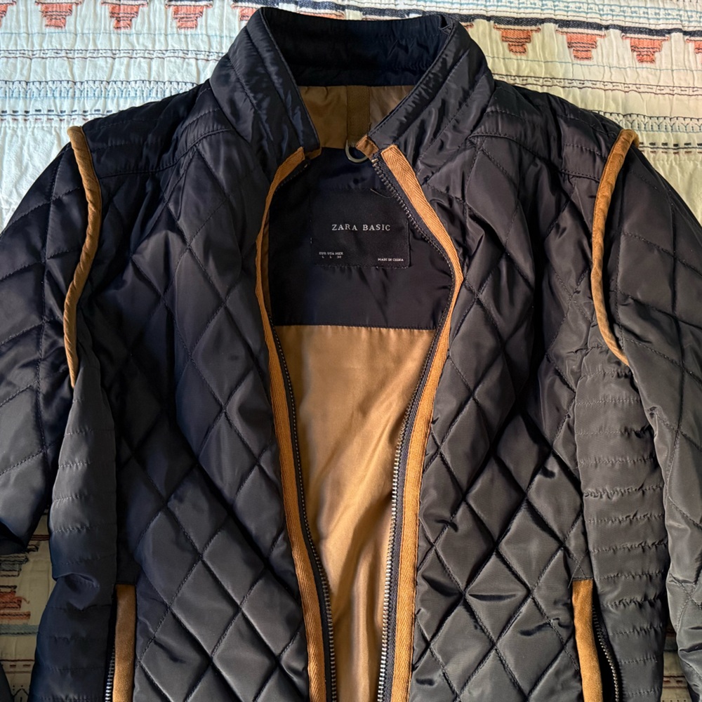 Zara Navy Quilted Jacket with Tan Trim - Picture 3 of 4
